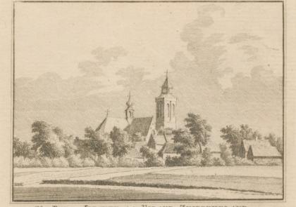 Tekening van Yerseke op een afstand, de kerktoren springt erbovenuit